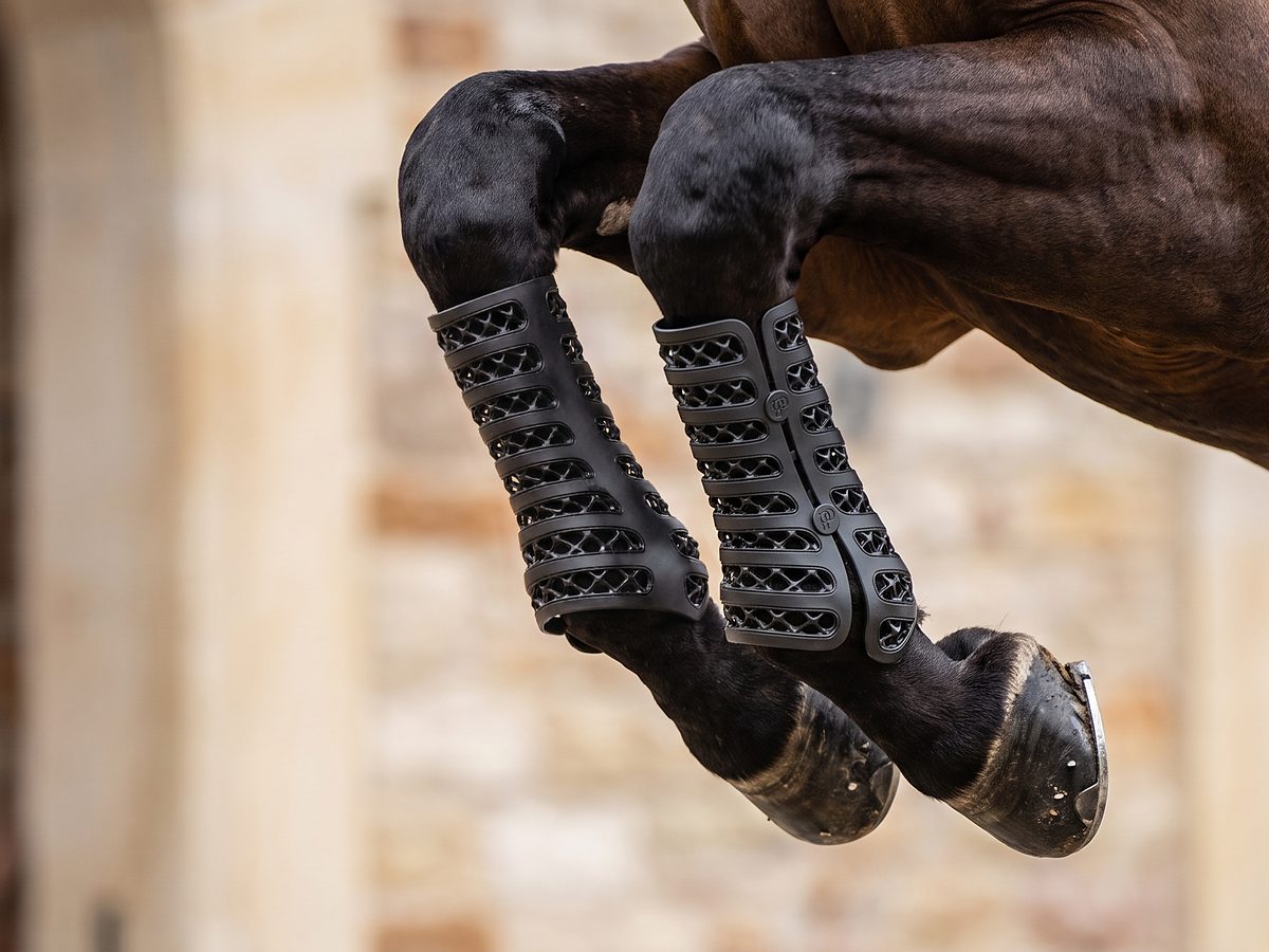 Galopp 3D printed lattice boots on a horse's front legs