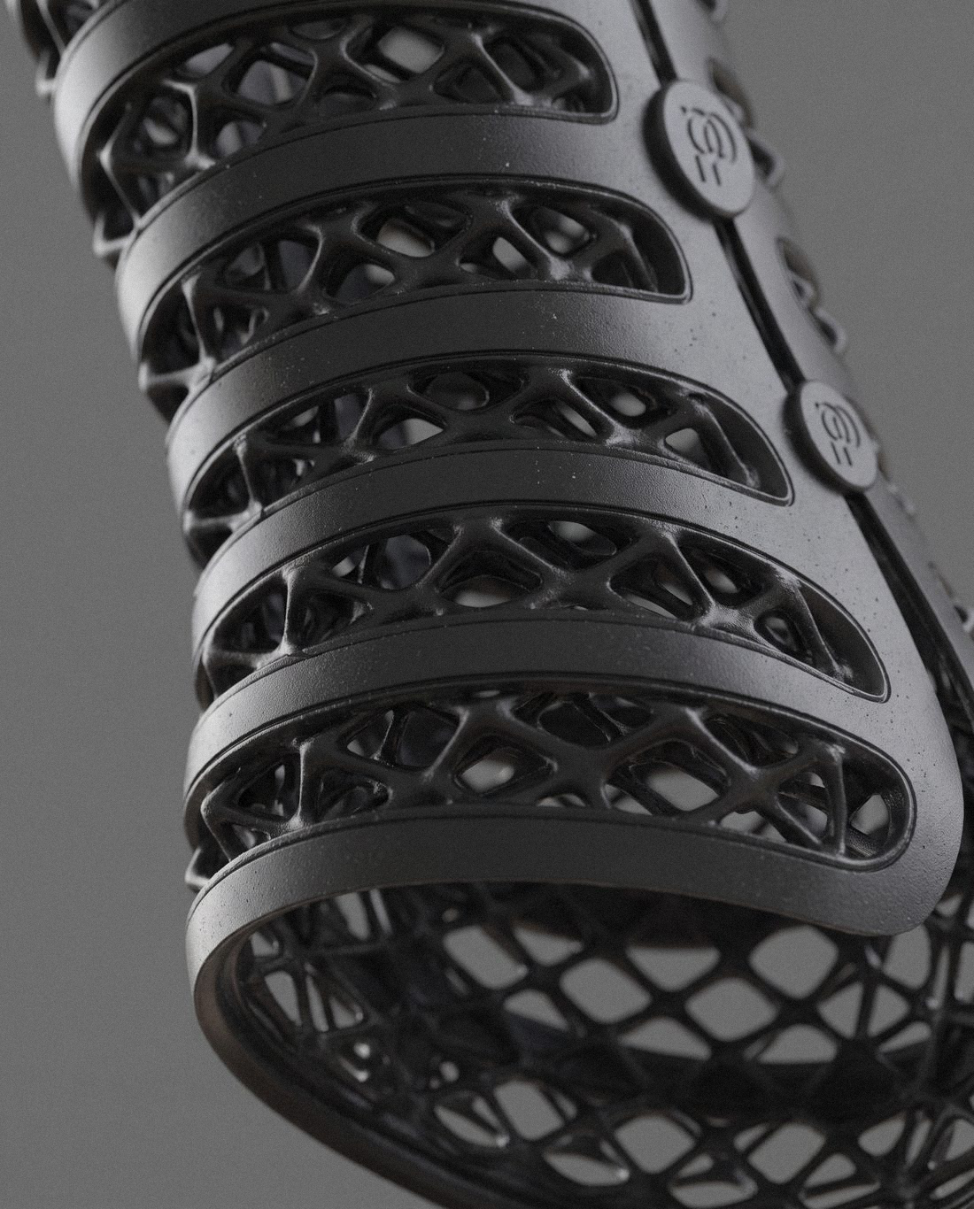 Macro of a Galopp boot, the ribbed shell open over the printed lattice