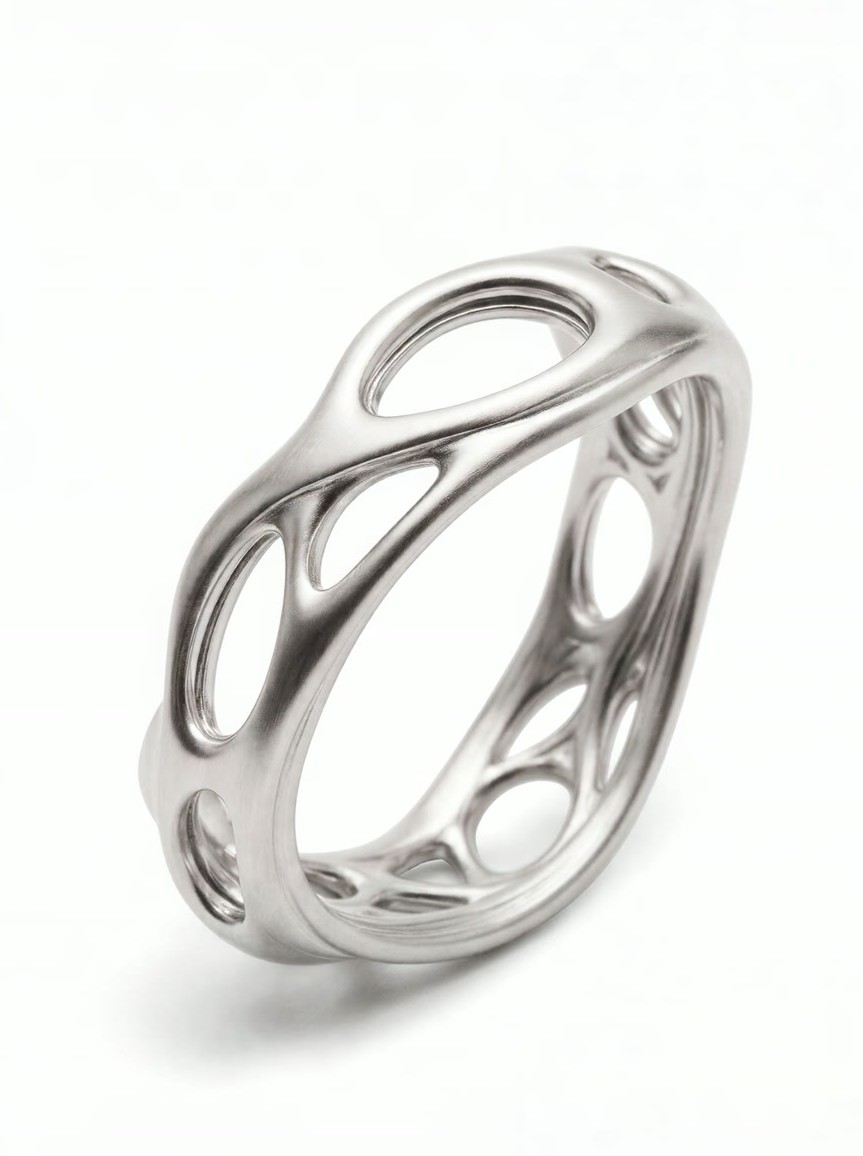Render of a ring formed from a brushed steel lattice of elongated openings