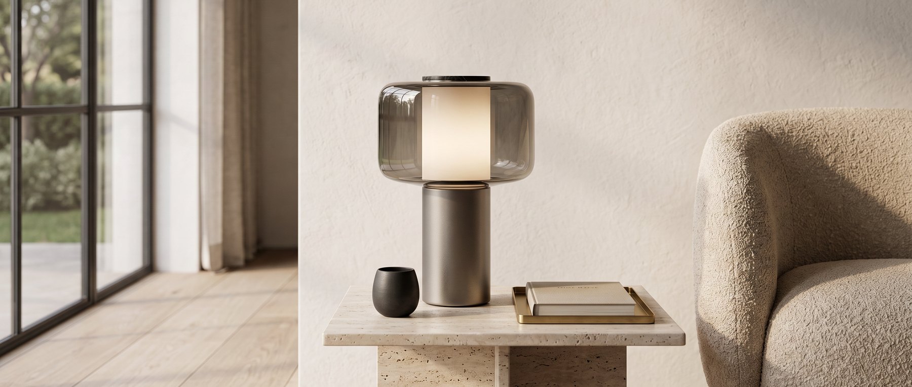 Lumen on a travertine side table beside a tall window, glowing in soft daylight