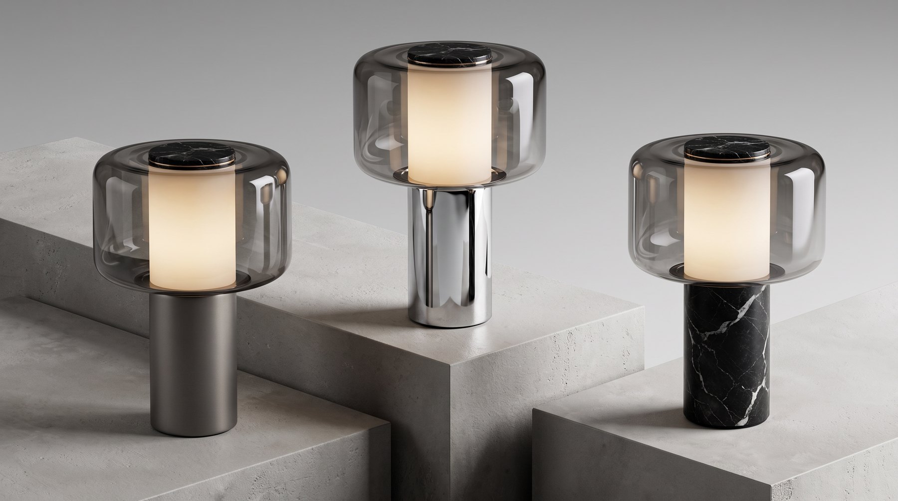 Three Lumen lamps on stone blocks, with satin metal, polished chrome and black marble stems