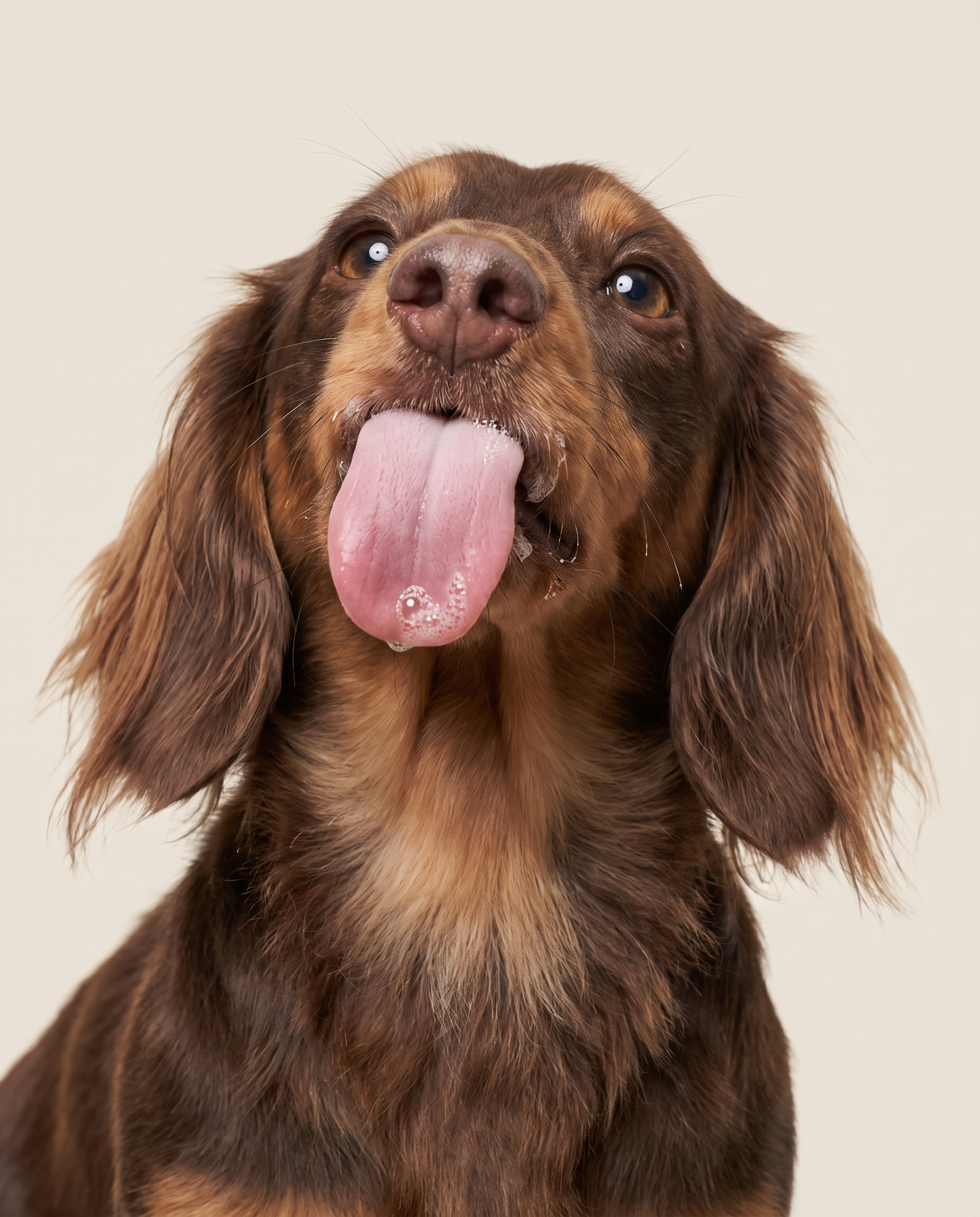 A long haired dachshund licking its nose, shot close on a cream background