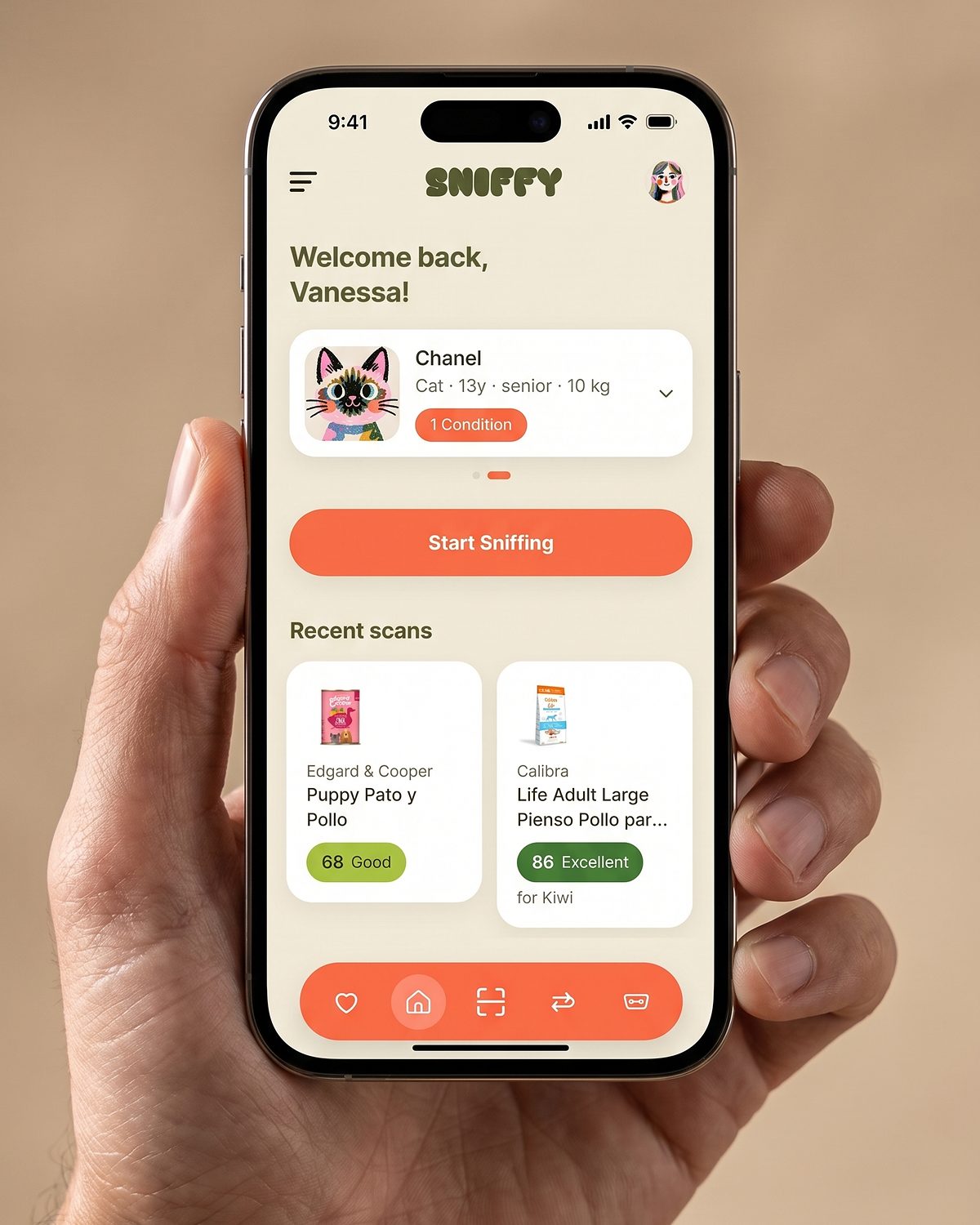The Sniffy home screen held one handed, showing the saved pet and recent scans