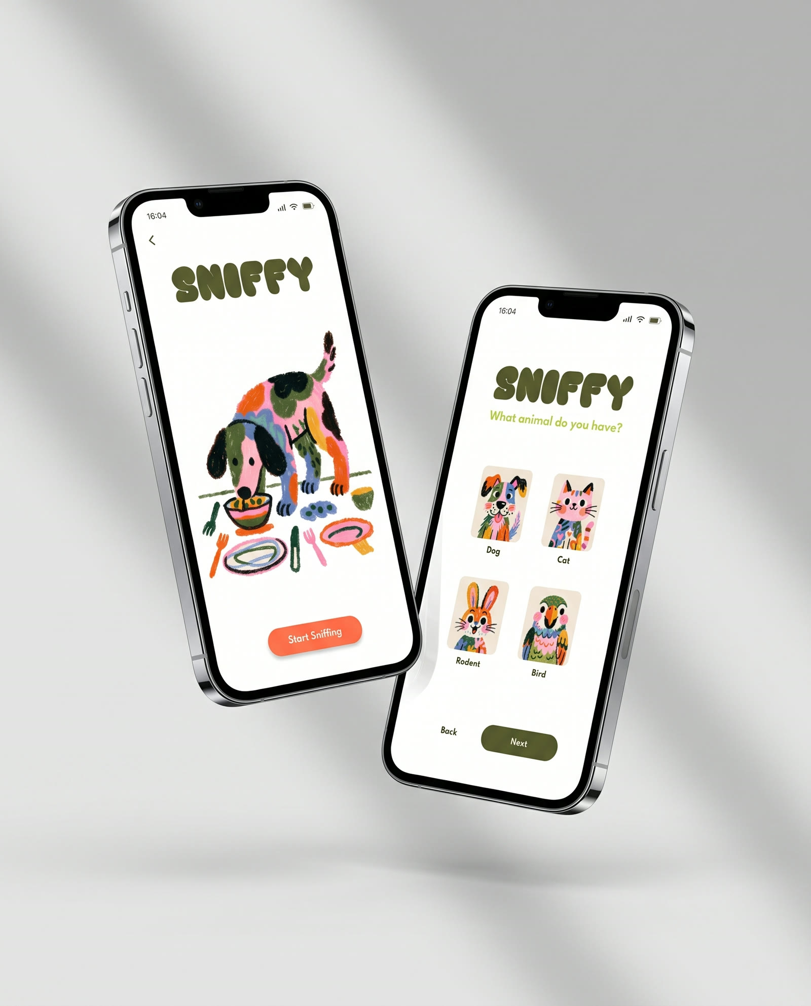 Two phones showing the Start Sniffing screen and the pet species picker