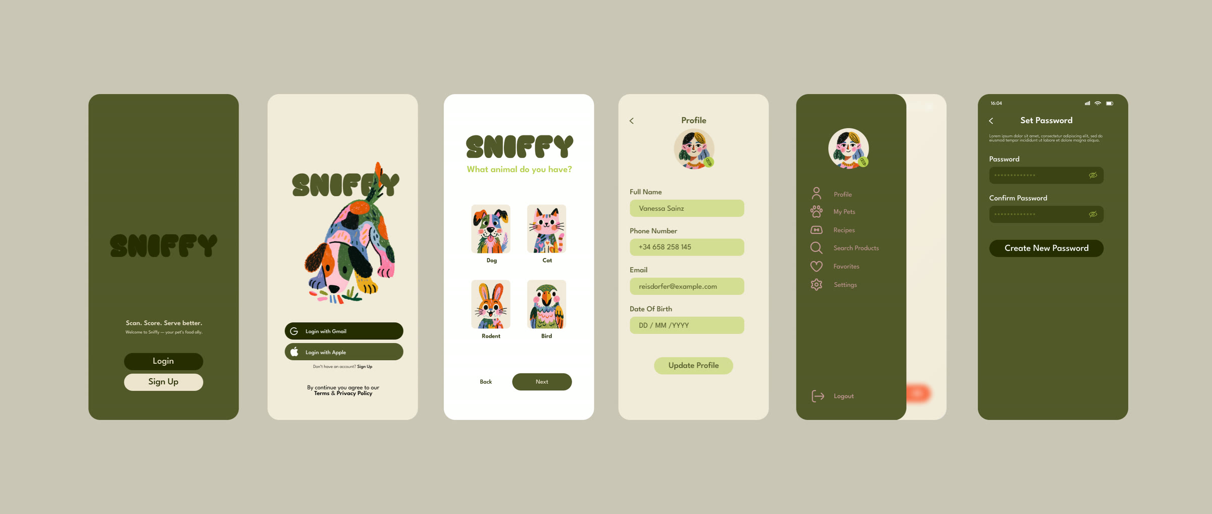 Six Sniffy screens: splash, sign in, pet selection, profile, account menu and set password