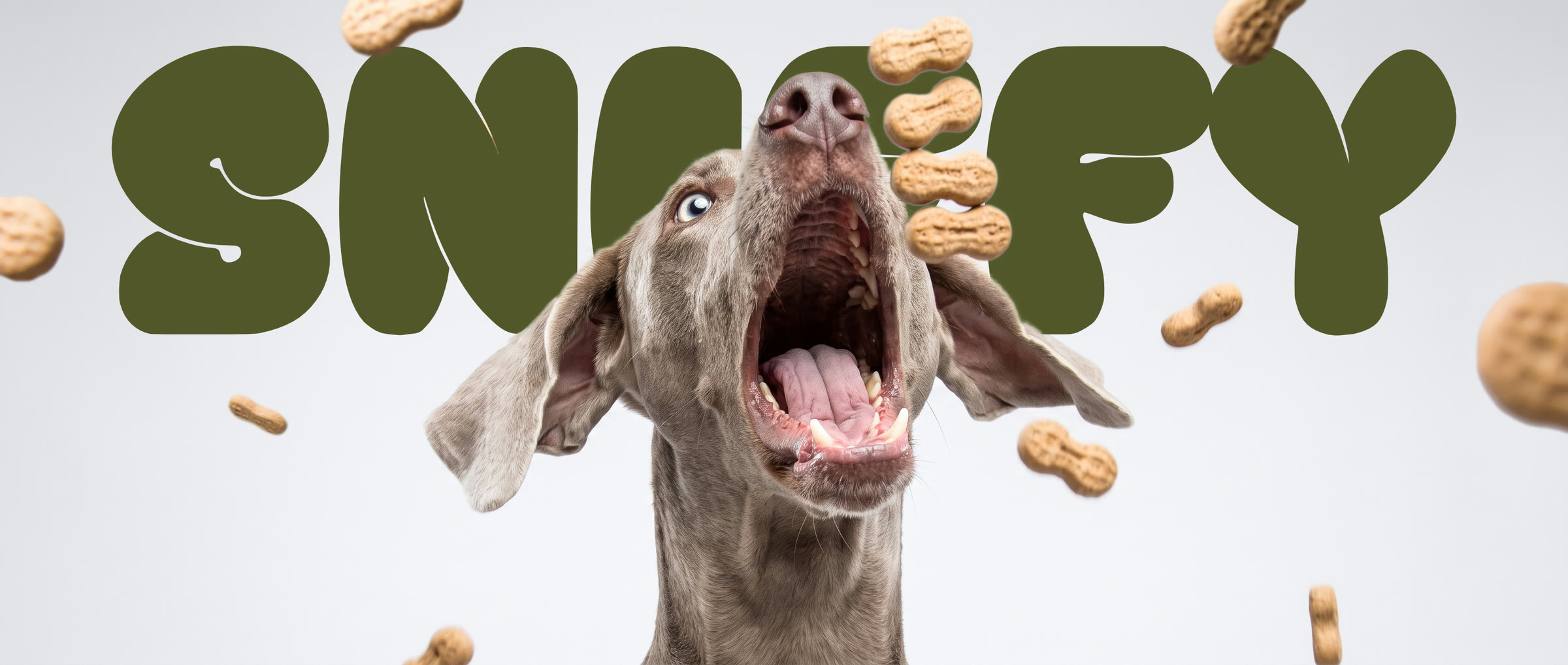 Sniffy campaign image: a weimaraner catching falling peanuts under the Sniffy wordmark